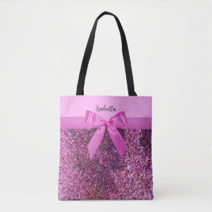 Coquette Bow & Pink Purple Glitter Script Name Tote Bag