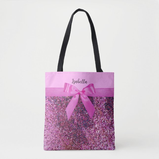 Coquette Bow & Pink Purple Glitter Script Name Tote Bag (Front)