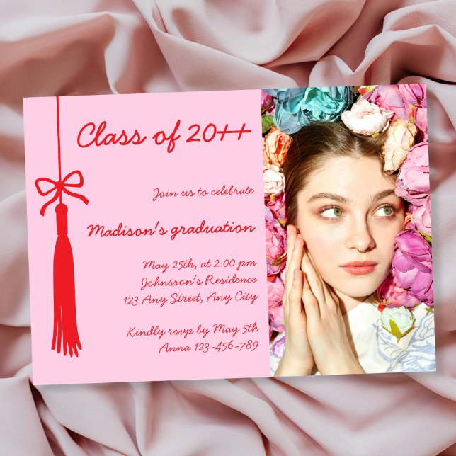 Coquette Bow Pink Red Elegan Photo 2026 Graduation Invitation (Coquette Bow Pink Red Elegan Photo 2026 Graduation Invitation)