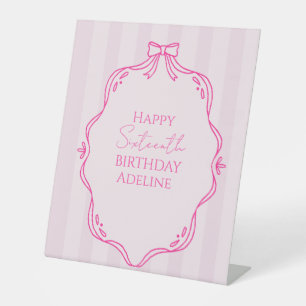 Coquette Bow Pink Striped Birthday Pedestal Sign