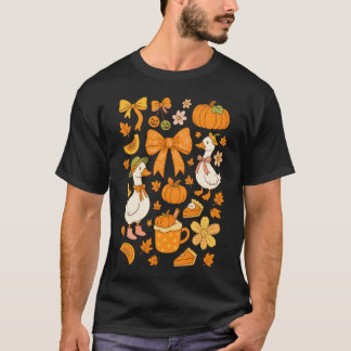 Coquette Bow Pumpkin Goose Autumn Fall Leaves  T-Shirt