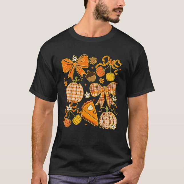 Coquette Bow Pumpkin Season Autumn Fall Leaves Tha T-Shirt (Front)