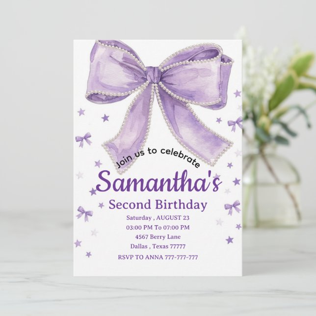 Coquette Bow Purple Birthday Party Invitation (Standing Front)