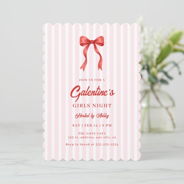 Coquette Bow Red Pink Galentine's Party Invitation (Standing Front)