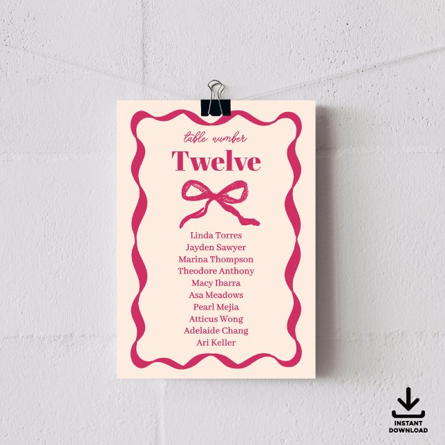 Coquette Bow Retro Wedding Seating Chart Cards (Creator Uploaded)