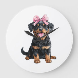 Coquette Bow Rottweiler Dog Mum Girl Pink Large Clock