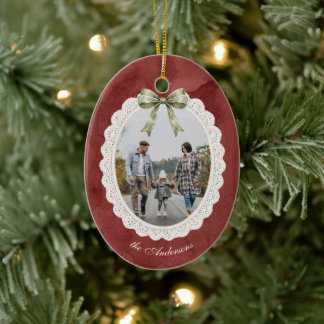 Coquette Bow Scalloped Lace Frame Photo Ceramic Ornament