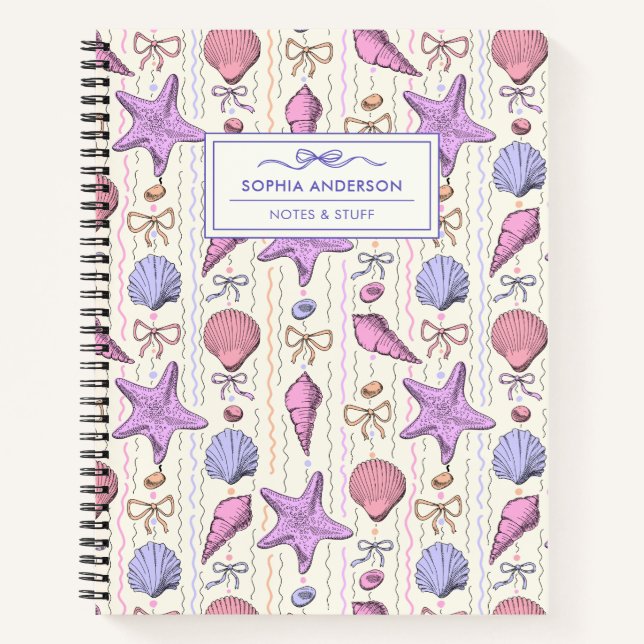 Coquette Bow, Seashell and Starfish Custom Spiral Notebook (Front)