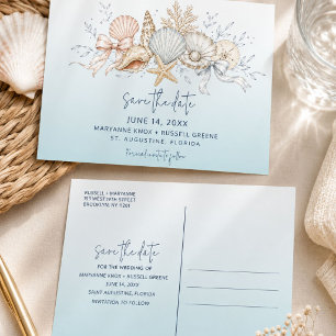 Coquette Bow & Seashell Beach Wedding Save the Dat Announcement Postcard