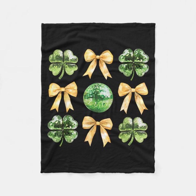 Coquette Bow Shamrock Disco Ball Patricks Day Iris Fleece Blanket (Front)