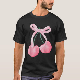 Coquette Bow Simple Pink Cute Cherries Girl Women T-Shirt