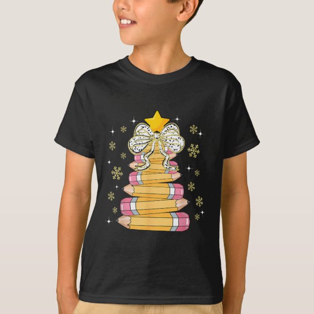 Coquette Bow Snowflake Christmas Xmas Tree Pencils T-Shirt (Front)