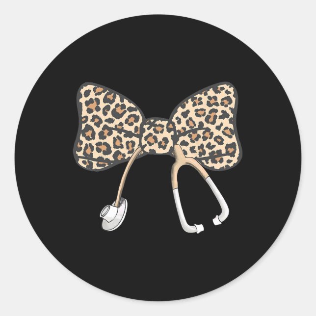 Coquette Bow Stethoscope Leopard Nurse Registered  Classic Round Sticker (Front)