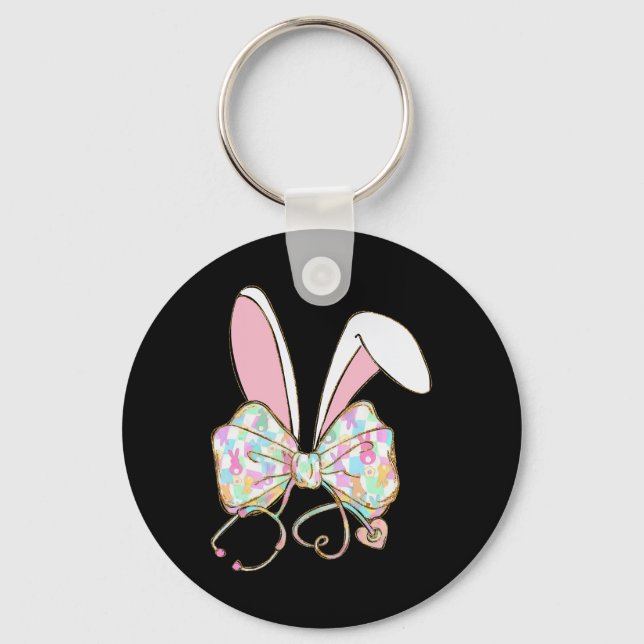 Coquette Bow Stethoscope Nurse Happy Easter Bunny  Key Ring (Front)