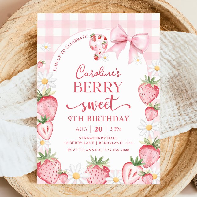 Coquette Bow Strawberry 9th Birthday Invitation (Creator Uploaded)