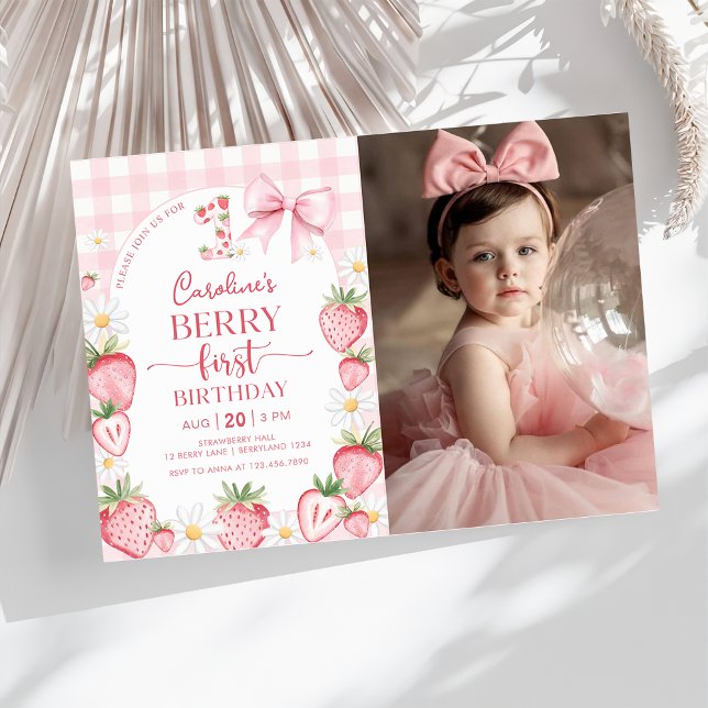 Coquette Bow Strawberry Berry First Birthday Photo Invitation (Creator Uploaded)