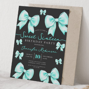 Coquette Bow Sweet 16 Birthday Turquoise Black  Invitation