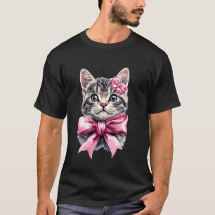 Coquette Bow Tabby Cat Mum Grey Cat Fur Pink Ribbo T-Shirt