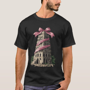 Coquette Bow Tower of Babel Bible Girl Mum Pink Mo T-Shirt