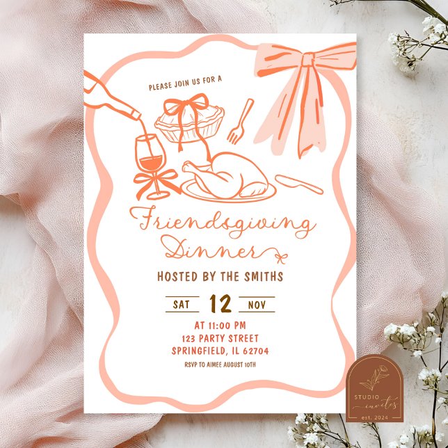 Coquette Bow Wavy Hand Drawn Friendsgiving Invitation (Creator Uploaded)