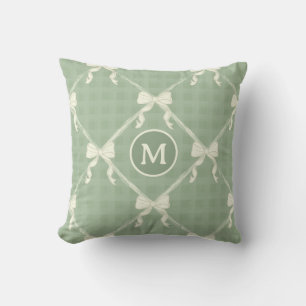 Coquette Bows Gingham Monogram Cream Sage Green  Cushion