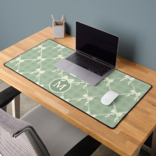 Coquette Bows Gingham Monogram Cream Sage Green  Desk Mat