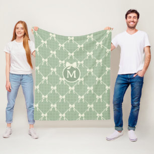Coquette Bows Gingham Monogram Cream Sage Green  Fleece Blanket