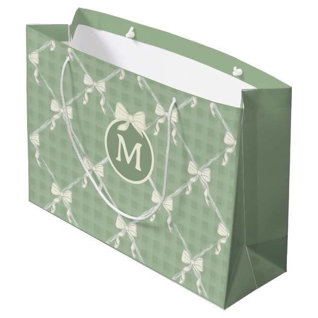 Coquette Bows Gingham Monogram Cream Sage Green  Large Gift Bag (Back Angled)