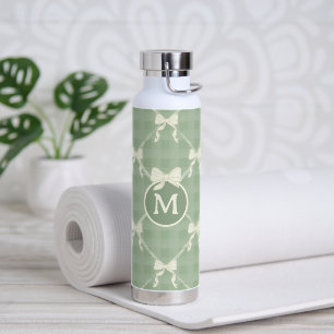 Coquette Bows Gingham Monogram Cream Sage Green  Water Bottle