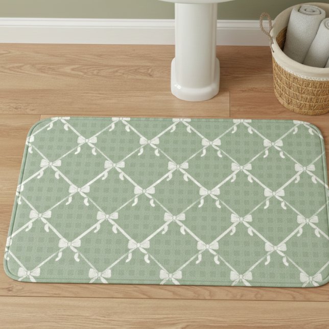 Coquette Bows Gingham Pattern Cream Sage Green  Bath Mat (Creator Uploaded)