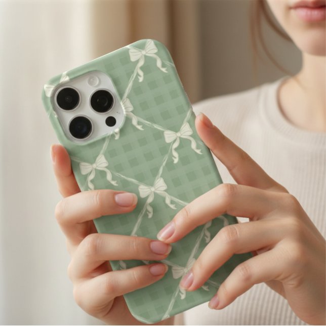  Coquette Bows Gingham Pattern Cream Sage Green Case-Mate iPhone Case (Creator Uploaded)