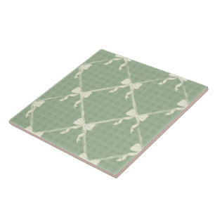 Coquette Bows Gingham Pattern Cream Sage Green Ceramic Tile