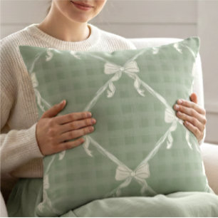 Coquette Bows Gingham Pattern Cream Sage Green  Cushion