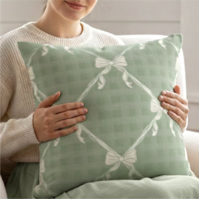Coquette Bows Gingham Pattern Cream Sage Green  Cushion (Creator Uploaded)