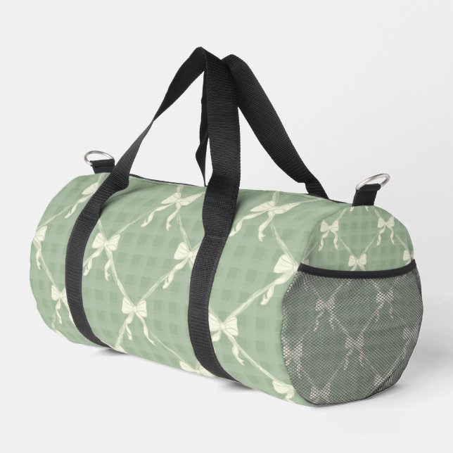 Coquette Bows Gingham Pattern Cream Sage Green  Duffle Bag (Right Corner)