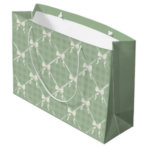 Coquette Bows Gingham Pattern Cream Sage Green  Large Gift Bag