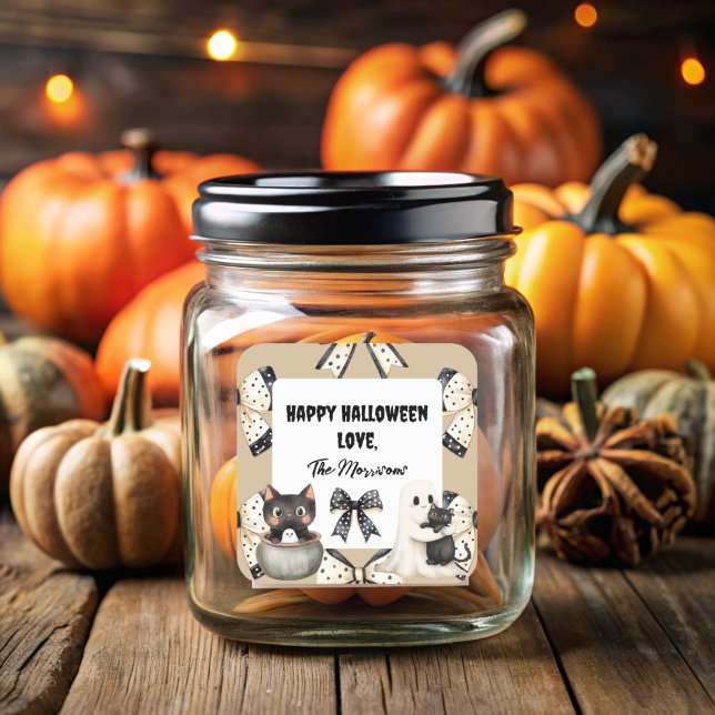 Coquette Bows Halloween  Square Sticker (Cute Cats and Ghosts Square Label)