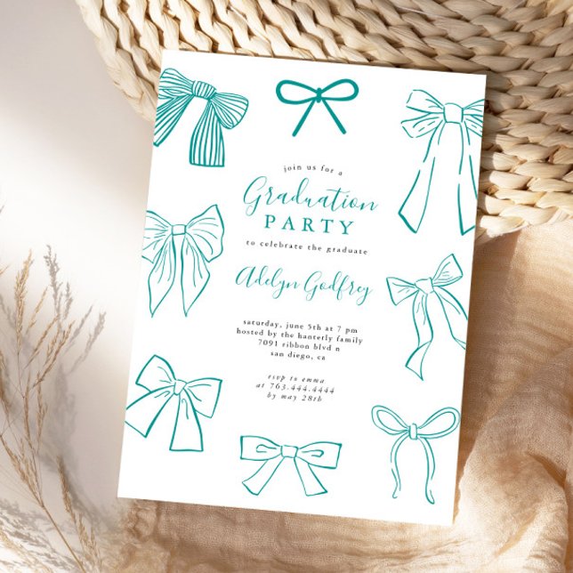 Coquette Bows Teal Graduation Party Invitation (Creator Uploaded)