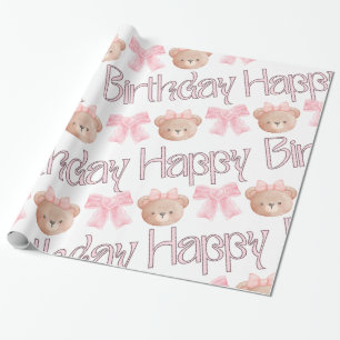 Coquette Bows & Teddy Bear - Happy Birthday  Wrapping Paper