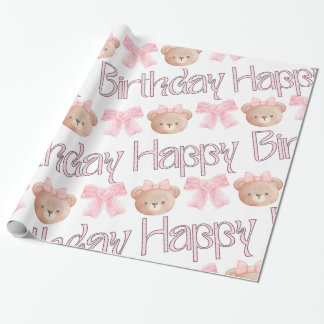 Coquette Bows & Teddy Bear - Happy Birthday  Wrapping Paper