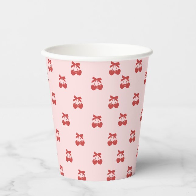 Coquette Bridal Shower Cherry Bow Paper Cups (Front)