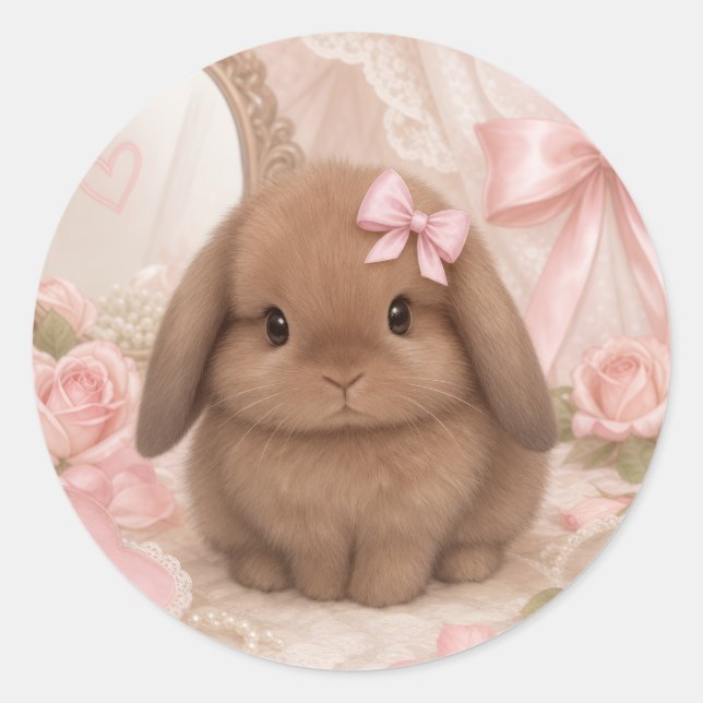 coquette bunny pink bow  classic round sticker (Front)