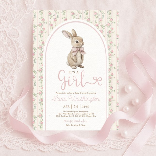 Coquette Bunny Pink Bow Roses Girl Baby Shower Invitation (Creator Uploaded)