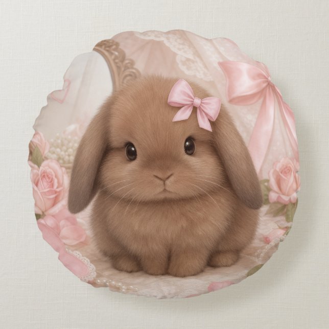 coquette bunny pink bow round pillow  (Front)