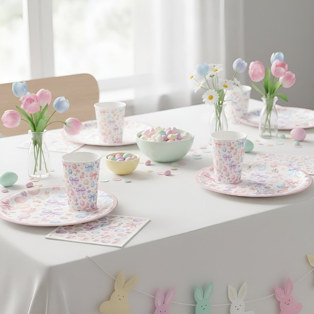 Coquette Bunny & Pink Bows Easter Paper Plates (Whimsical watercolor bunnies & pink bows: a chic, coquette-inspired collection for a dreamy Easter.)