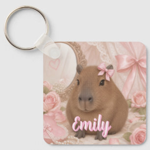 coquette capybara pink bow key ring