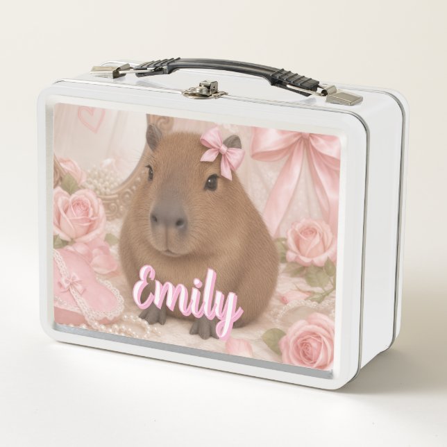 coquette capybara pink bow metal lunch box (Front)