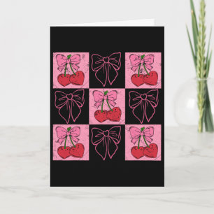 Coquette Checkred Pink Bow And Red Cherries Valent Card