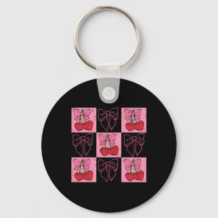 Coquette Checkred Pink Bow And Red Cherries Valent Key Ring