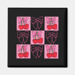 Coquette Checkred Pink Bow And Red Cherries Valent Magnet